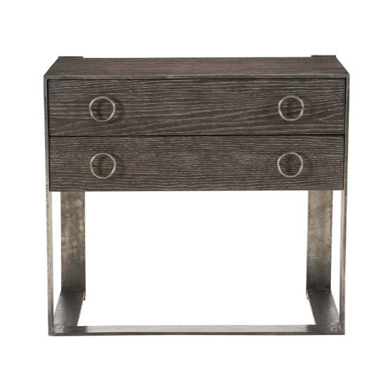 An industrial inspired bedside table with two drawers.