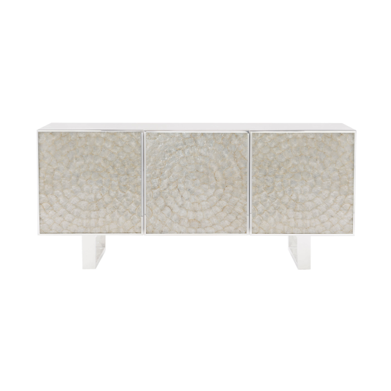 A three door media unit with a shell overlay top.