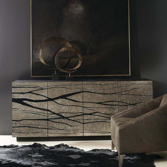 Hand-painted sideboard with four doors finished in faux bois
