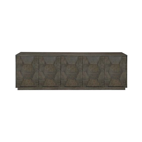 Entertainment unit with five doors in a dark charcoal finish. 