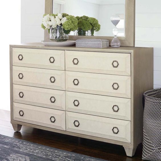 Upholstered, contrasting dresser with 8 drawers