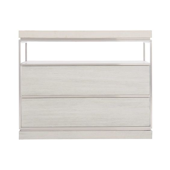 A beautiful, white marble topped bedside table with a shelf and two drawers.
