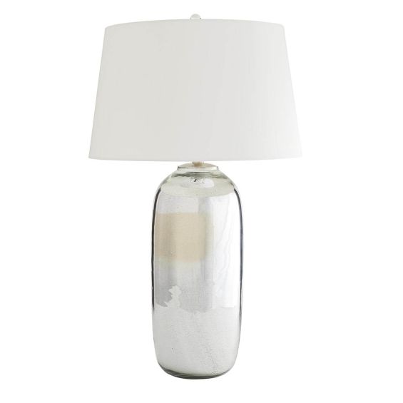 glassy table lamp with white linen shade