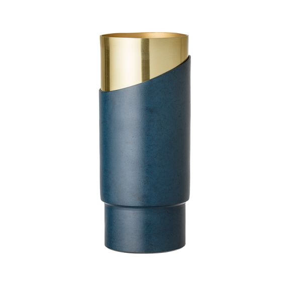 A stylish blue metal and golden aluminium vase