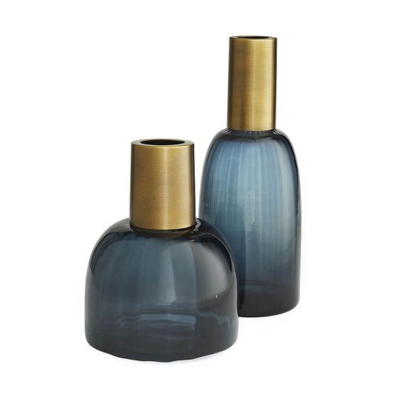 Set of two dark blue vases with brass neck