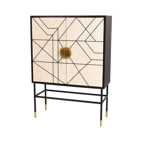 Glamorous cream and black bone inlay bar cabinet with golden accents