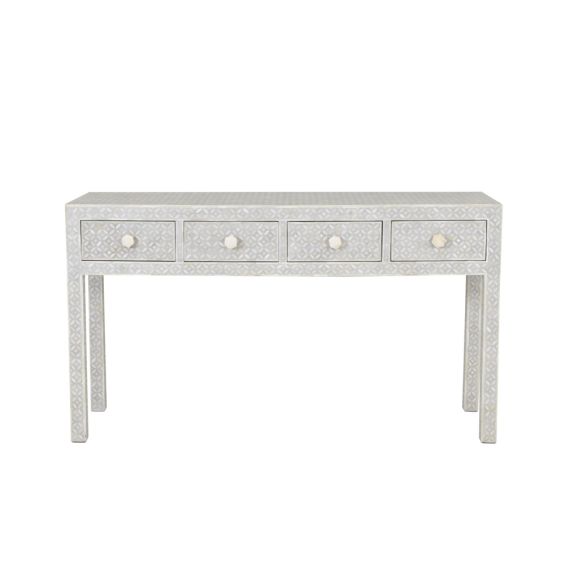 A luxurious grey console table with bone inlay details