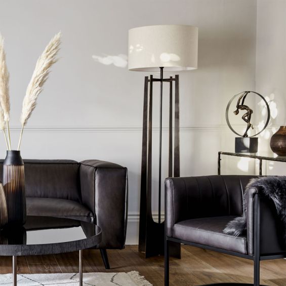Contemporary dark oak finished floor lamp with natural linen shade