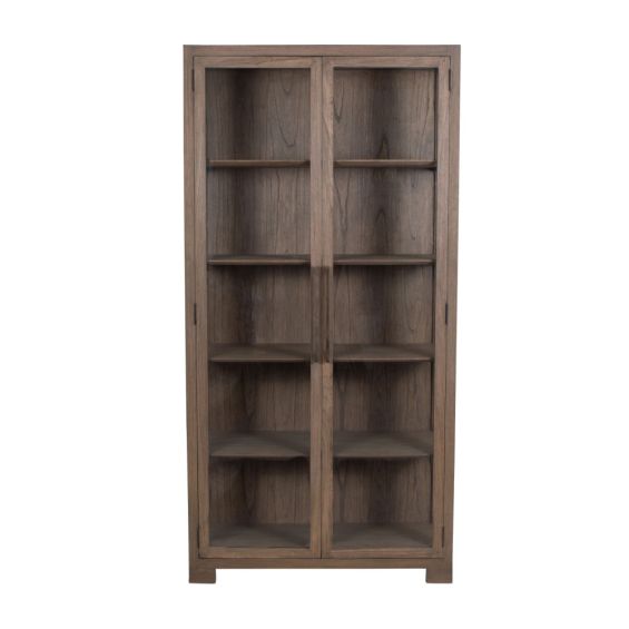 A natural beech wood veneer display cabinet with two glass doors