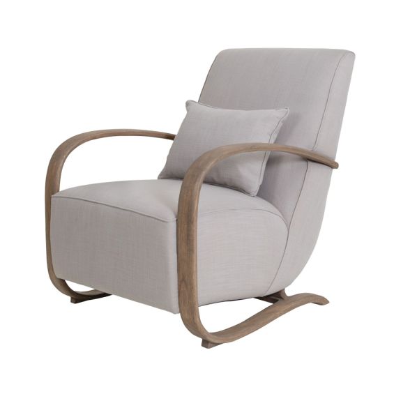 A stylish grey upholstered armchair with a natural mindi wood frame
