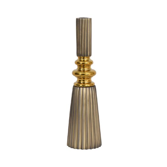 Stylish candle holder with brushed brass finish and gold shape detail.