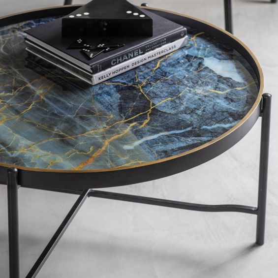 Elegant marble-painted blue tray top coffee table with gold rim