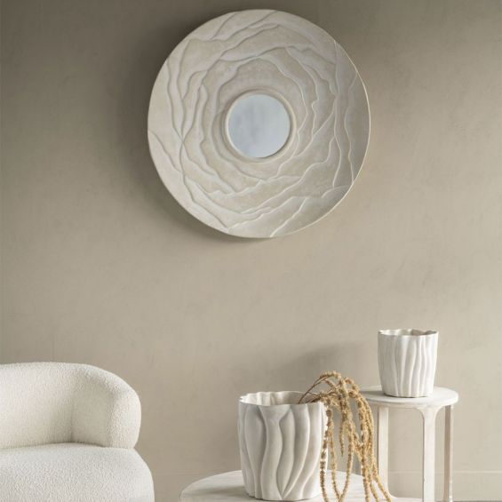 Wide ripple framed mirror in textured cream finish