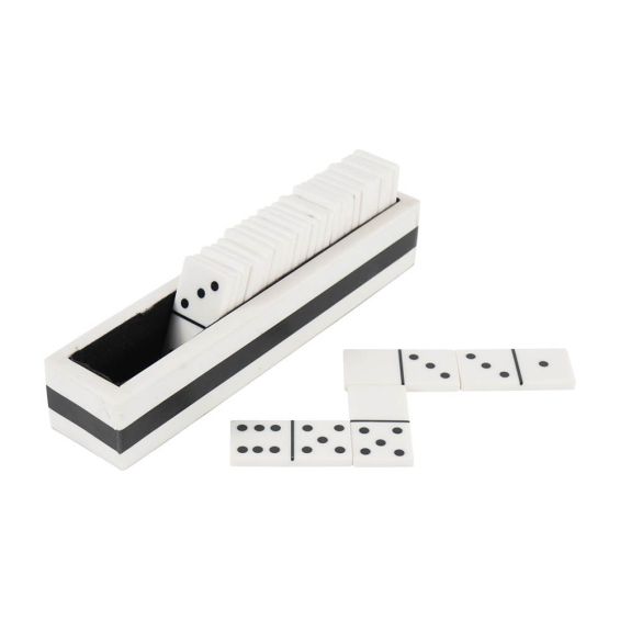 Black and white domino set in striped box