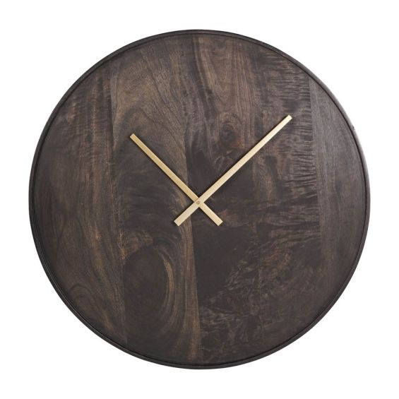 Circular wooden clock with brown smoked finish