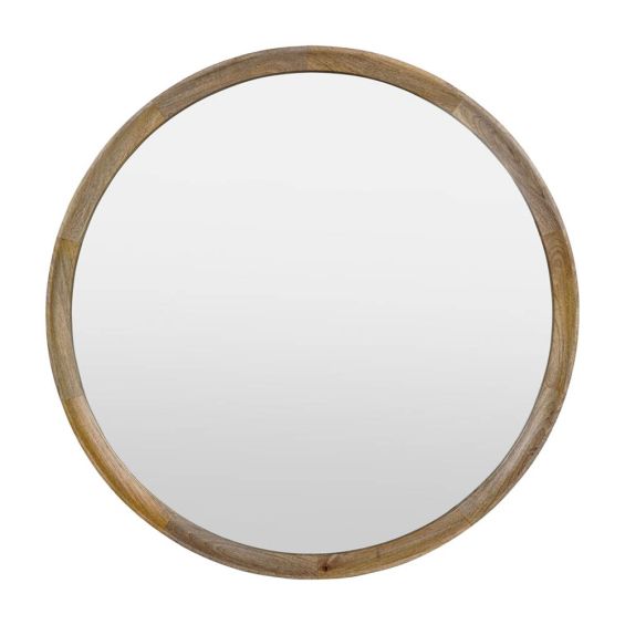 Round wall mirror framed in oak wood
