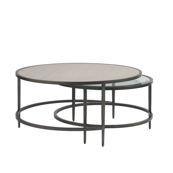 Set of 2 glass and wooden nesting coffee tables with metal legs