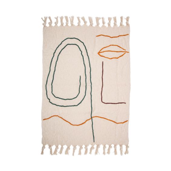 Neutral tone cotton throw with a colourful abstract design