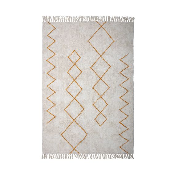 Cream and orange patterned wool rug with tassel details
