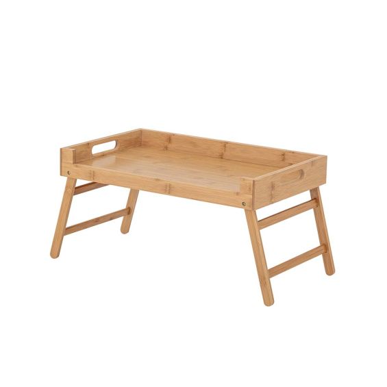 A classically designed tray table with foldable legs in a natural finish
