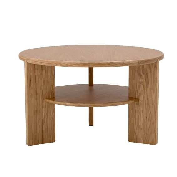 round coffee table from wood with lovely wood grain and open shelf