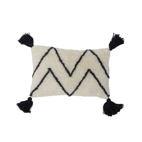 A beautiful black and white cushion with a geometric design and stylish tassel details