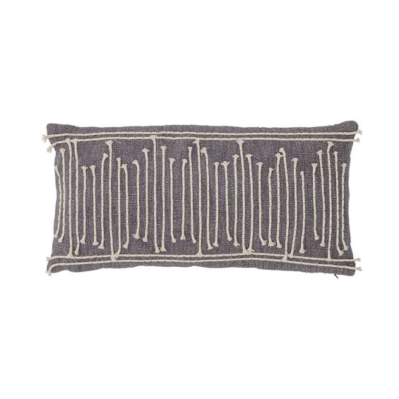 A cosy cushion with rows of thick string on a grey weaved cotton 