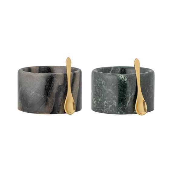 Marble salt and pepper jars with brass spoon