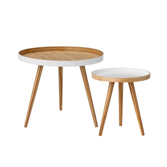 A stylish set of two natural and white coffee tables 