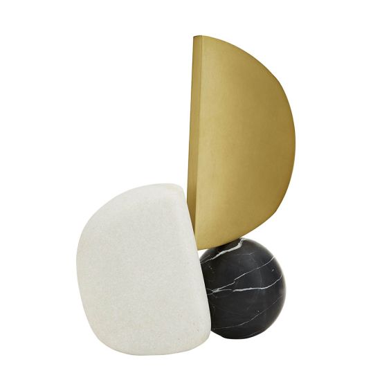Geometric sculpture composed of three brass, marble and stone shapes