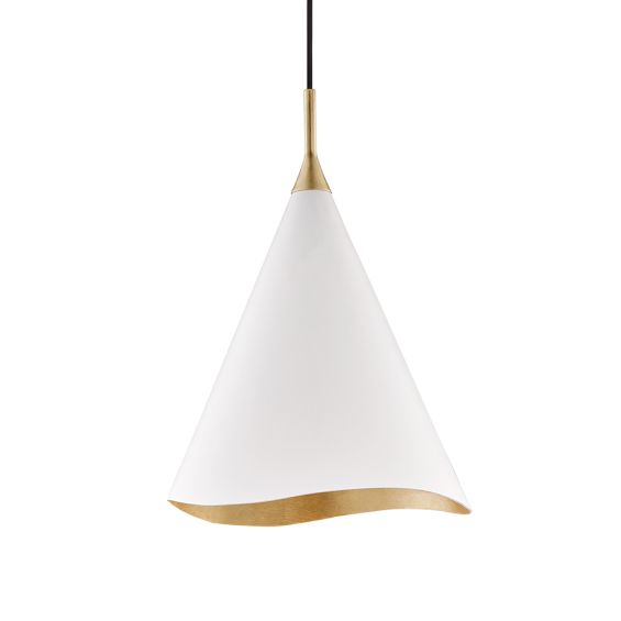 A elegantly curvaceous pendant by Hudson Valley with a white shade and a glamorous gold-leaf finish
