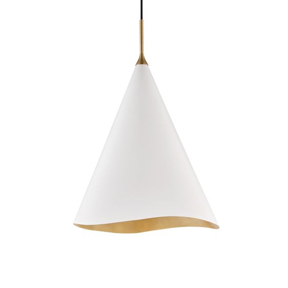 A elegantly curvaceous pendant by Hudson Valley with a white shade and a glamorous gold-leaf finish