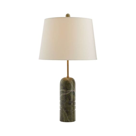 Green jungle marble lamp base with slender antique brass neck