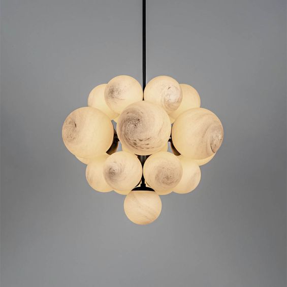 Elegant and eye-catching chandelier with marble orb shades with gunmetal frame