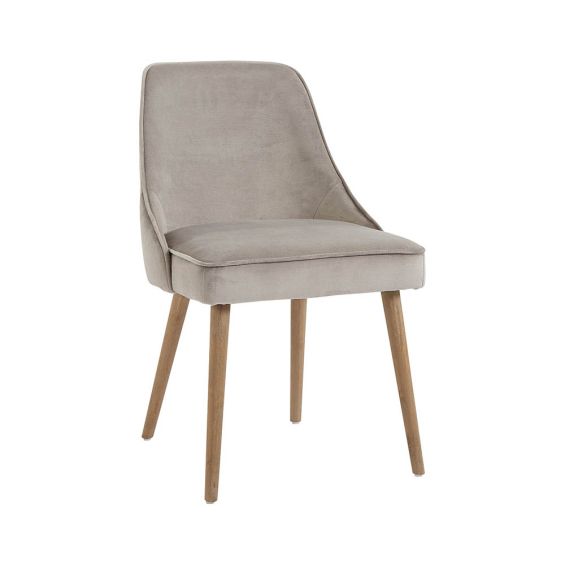 greige velvet chair with wooden legs