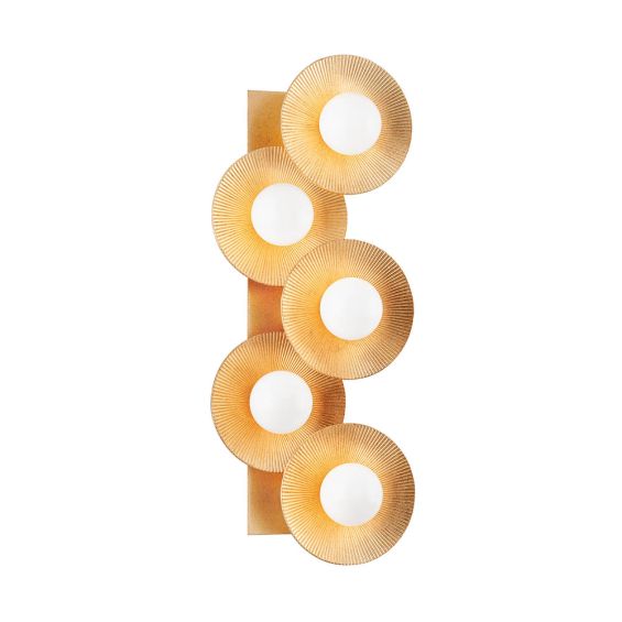 Wall light featuring five layered gold discs on gold wall fixture
