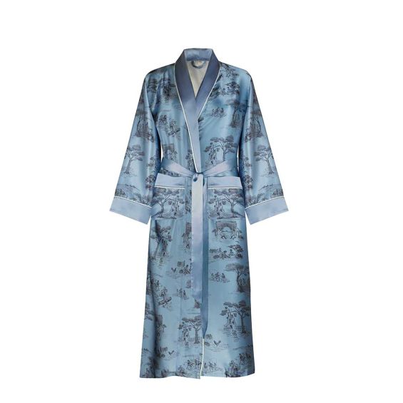 Light blue silk robe with elegant, artistic designs in black