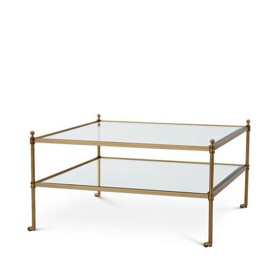 Glamorous gold coffee table with glass top and shelf