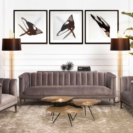 Glamorous grey velvet designer sofa with stitched detailing