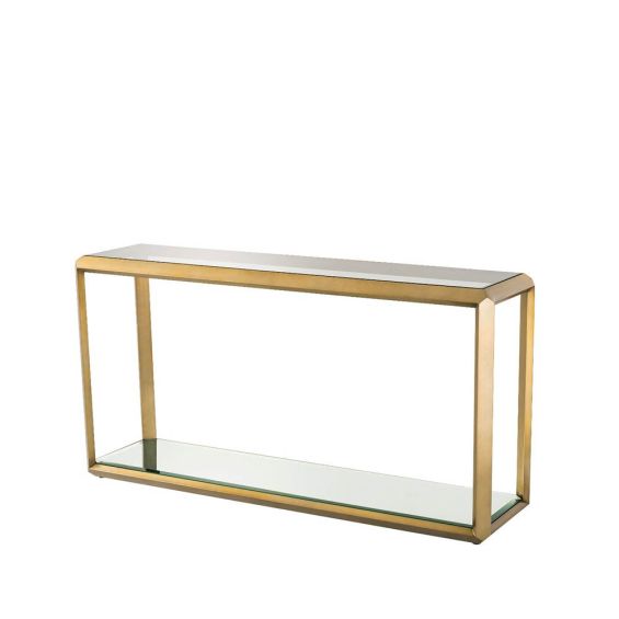 Glamorous side table with brass frame and glass surfaces