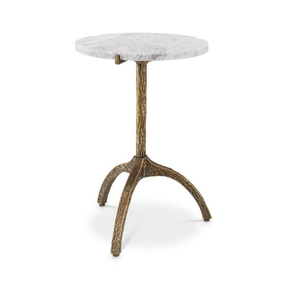 Poised and elegant side table with tripod design legs in textured brass finish with a round white marble top 