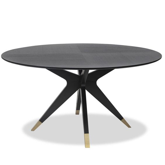 Dining table with statement base of slender spokes and brass caps