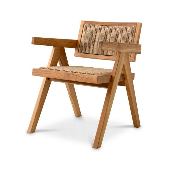 Woven backrest and wooden frame dining chair for indoor and outdoor use
