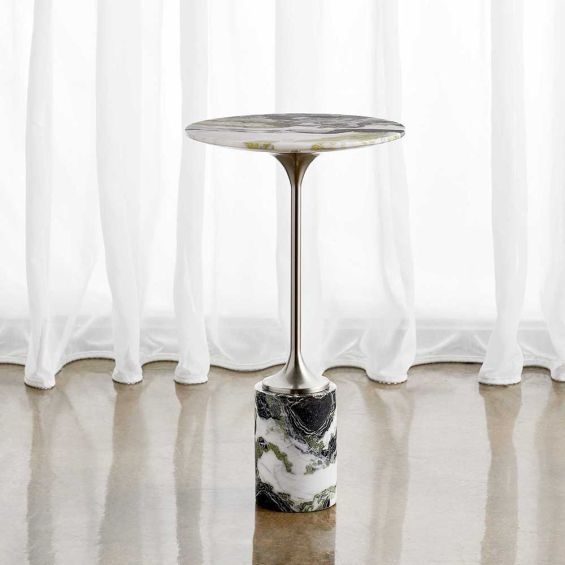 Black and white marble side table with emerald green elements and nickel plinth