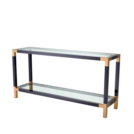 Black console table with gold edges and clear glass top and lower shelf