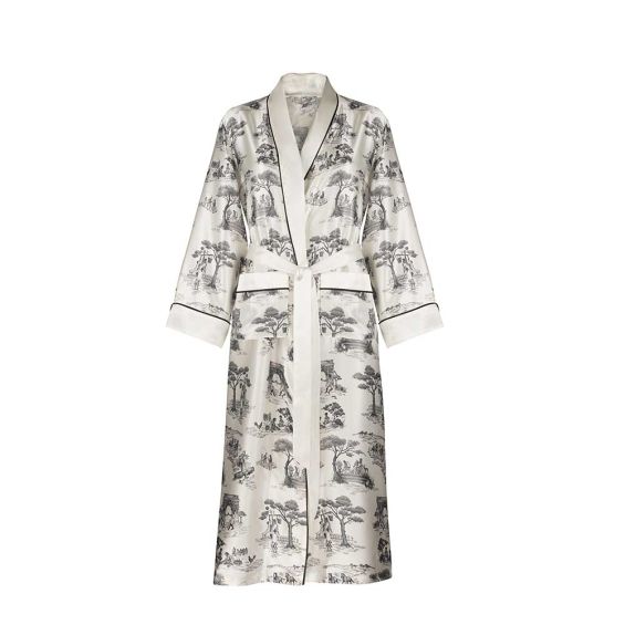 Elegant ivory silk robe with black artistic design