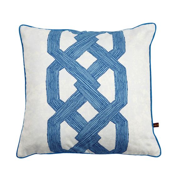 Elegant indigo coloured cushion with visually intriguing pattern