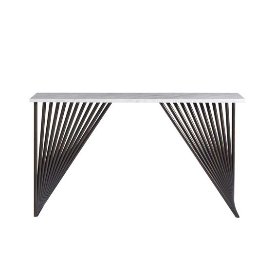 White marble console table with dimensional bronze base