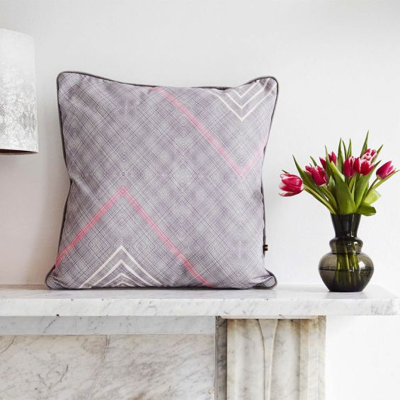 Ravishing purple pattern cushion with grey piping and subtle pink details