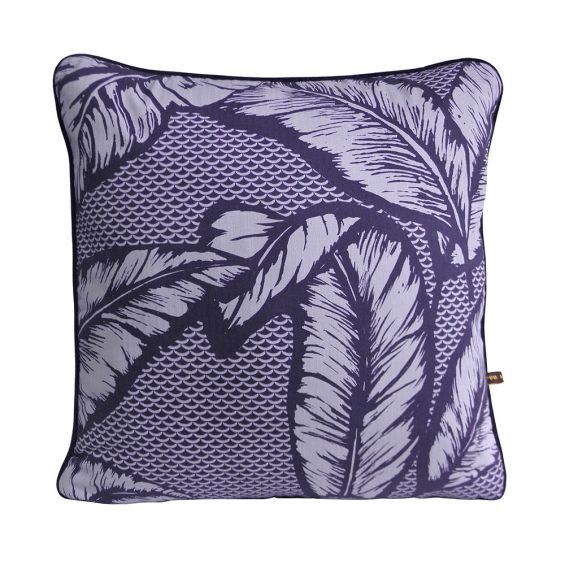 Chic purple cushion with leaf pattern and piping details